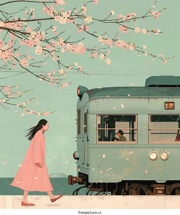 A woman walking along a railroad track with cherry blossoms in the background
