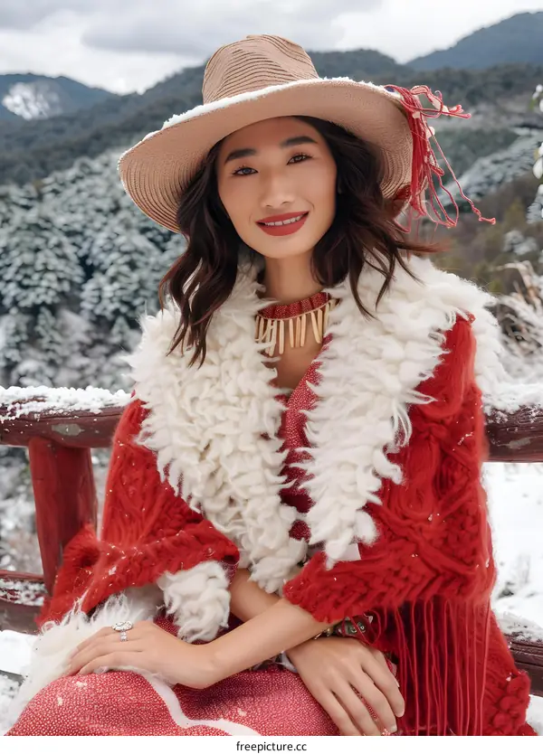 Asian Woman in Red Knitted Cardigan and Hat Wearing Jewelry in Snowy Mountain