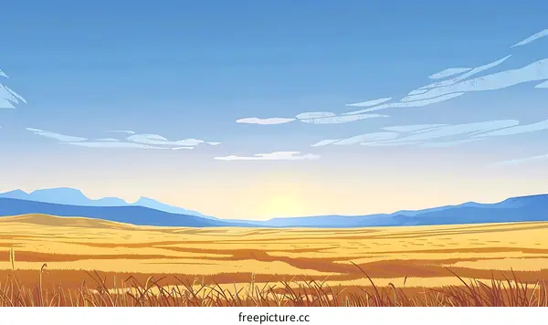 Sunrise Over Grassy Field and Mountain Range