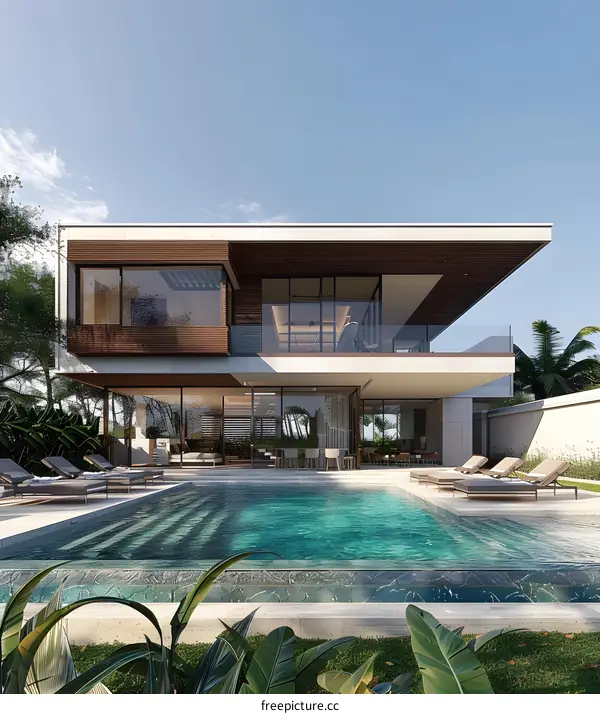 Modern Luxury Home with Swimming Pool and Tropical Plants