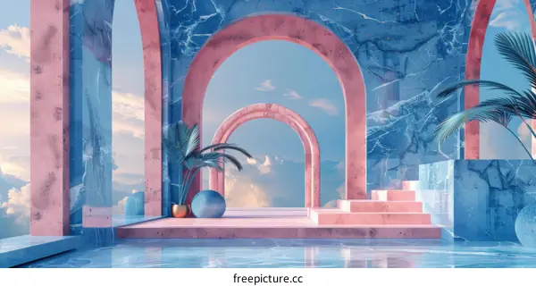 Surreal Composition w/ Pastel Pink Blue Geometric Shapes & Arch