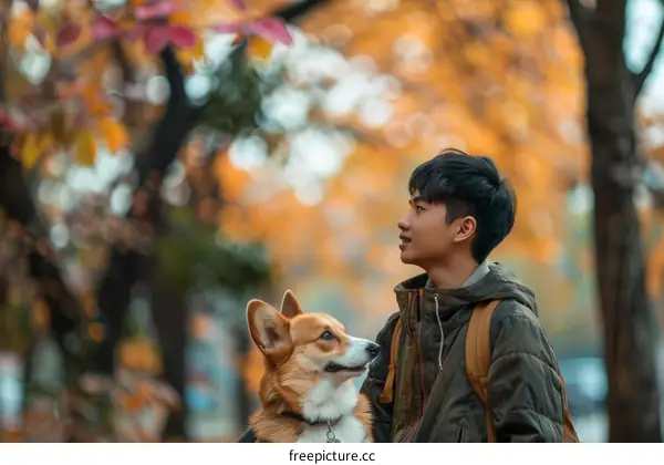 A boy and his corgi in an autumn park