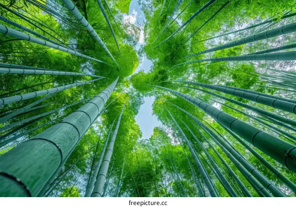 Looking up at the green bamboo forest