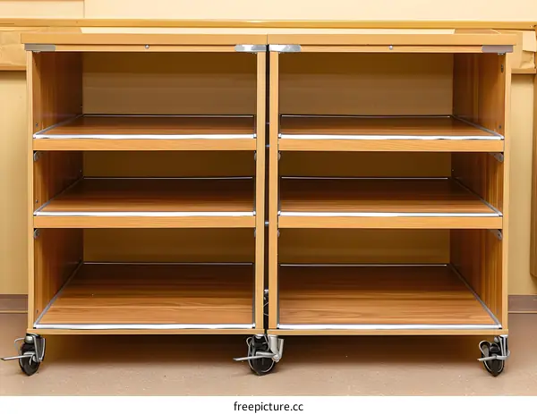 Empty Wooden Storage Shelves With Wheels