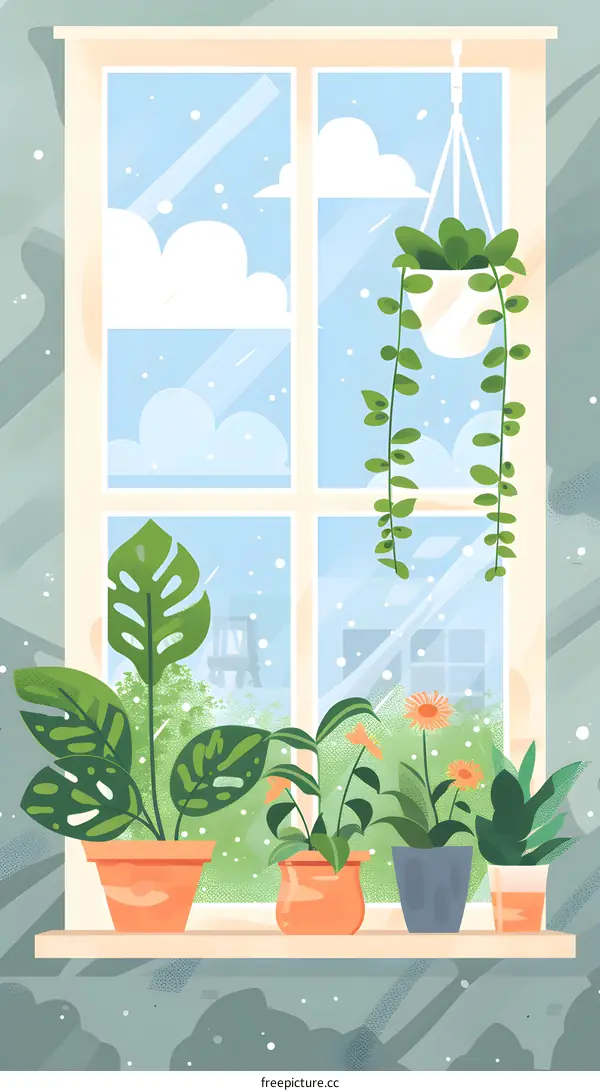 Windowsill With Flowers and Plants in Pots