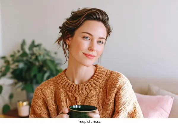 Woman Relaxing with Coffee in Cozy Home Setting