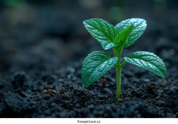 A tiny green plant growing out of dark soil