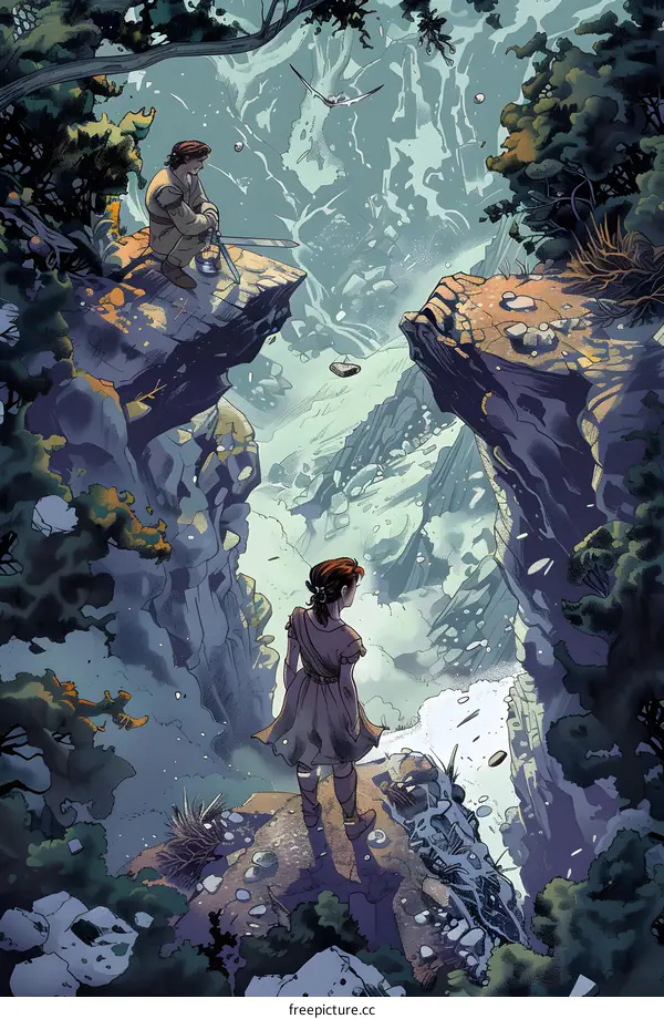 Fantasy Illustration of Two People on a Cliff Overlooking a Broken Landscape