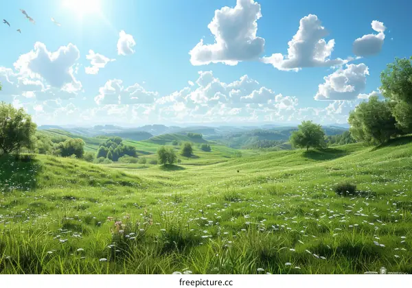 Rolling Green Hills under a Blue Sky