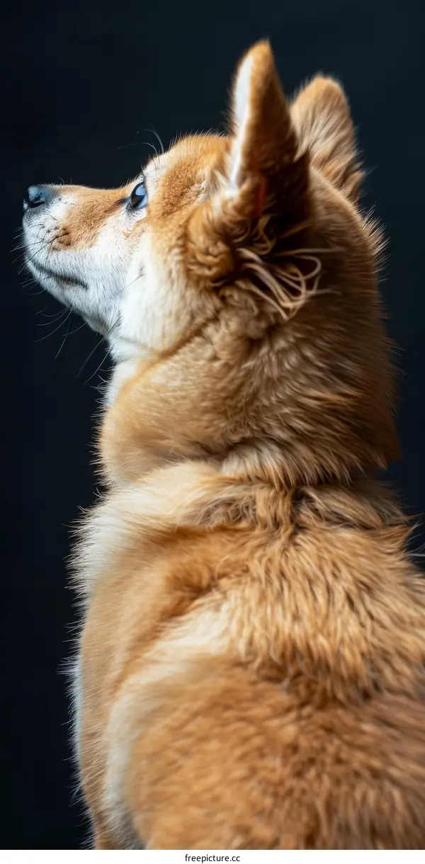A ginger dog looking away from the camera with a dark background
