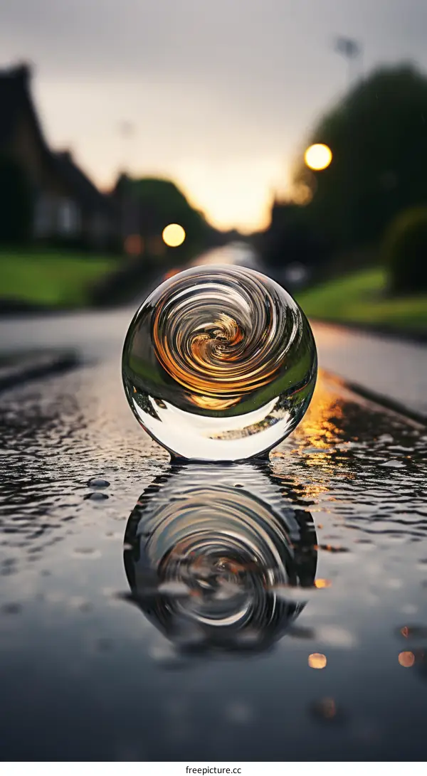 glass ball on wet asphalt with reflection of sky and clouds