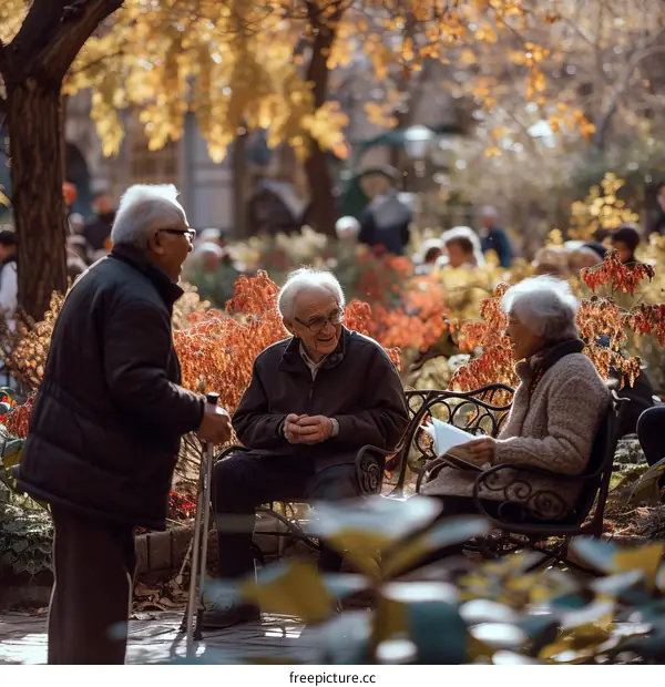 Three elderly people are sitting on a bench in a park, surrounded by fallen leaves.