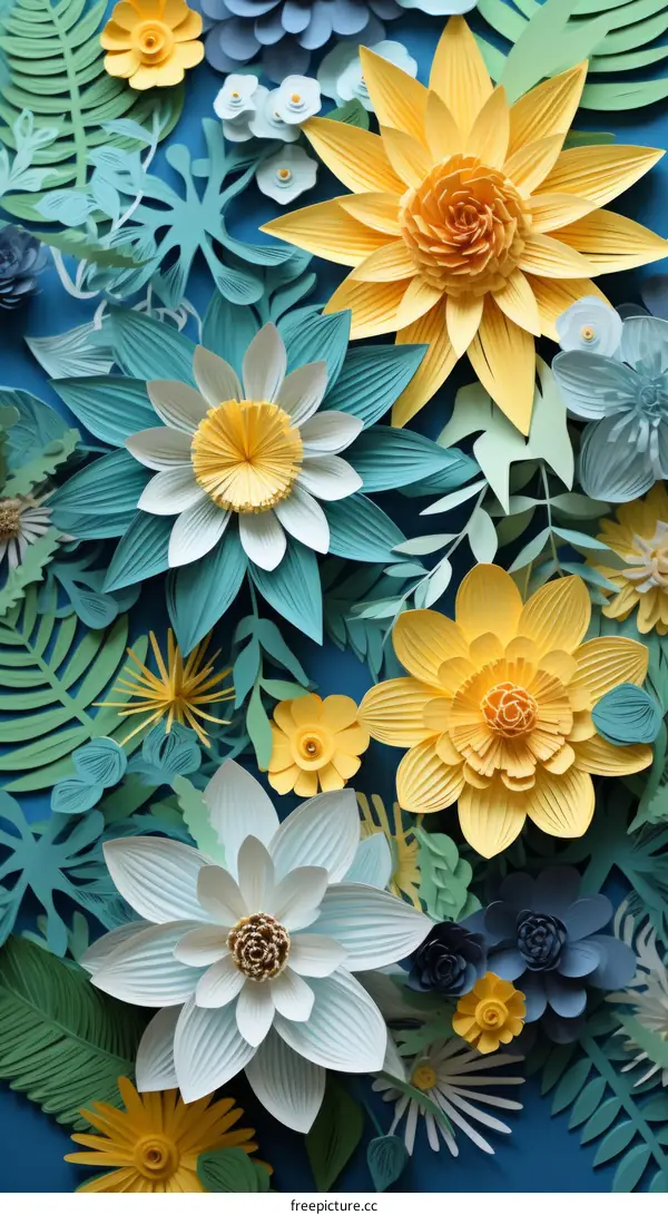 3D illustration of blue and yellow paper flowers