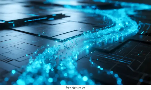 Futuristic Circuit Board with Flowing Data Visualization