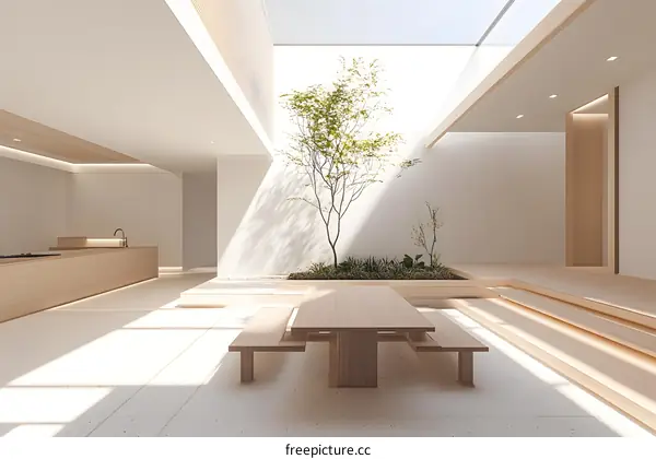 Minimalist Modern Home Interior Design with Wooden Table and Benches