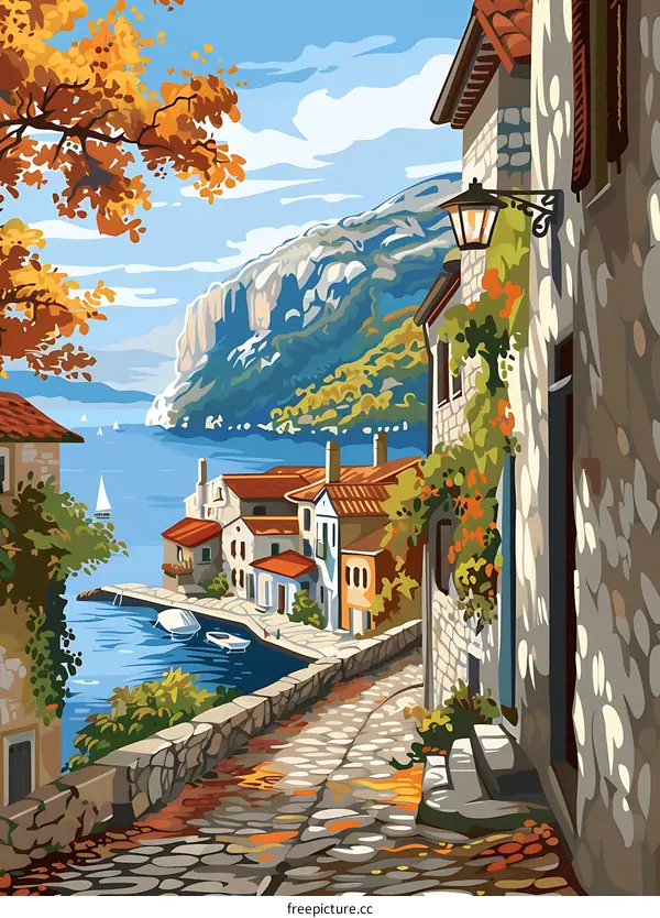 Cobblestone Street Leading to a Quaint Harbor Village