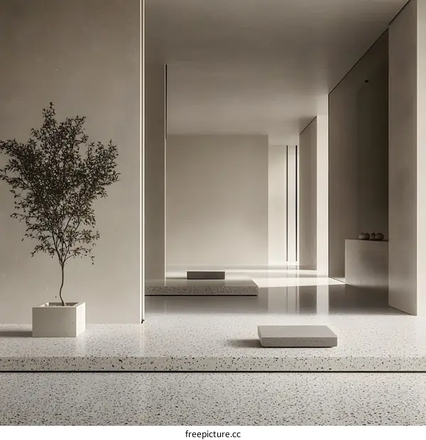 Minimalist Interior Design with White Walls and Terrazzo Floor