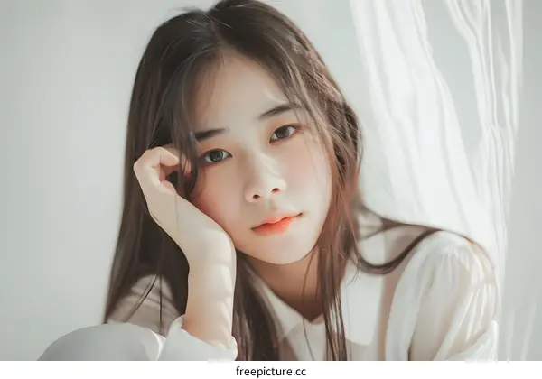 Portrait of a Young Woman with Long Hair Looking at the Camera