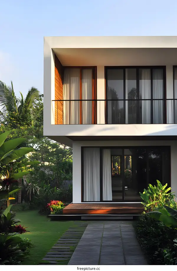 Modern Minimalist House with Wooden Deck and Lush Greenery