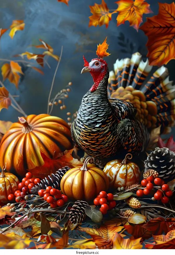 A bountiful Thanksgiving still life with a turkey, pumpkins, gourds, and fall leaves.