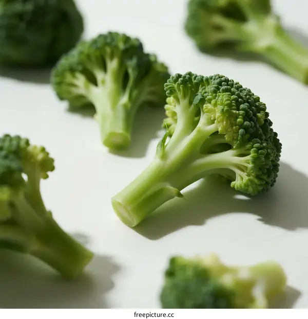 Fresh Broccoli Florets Arranged on White Background