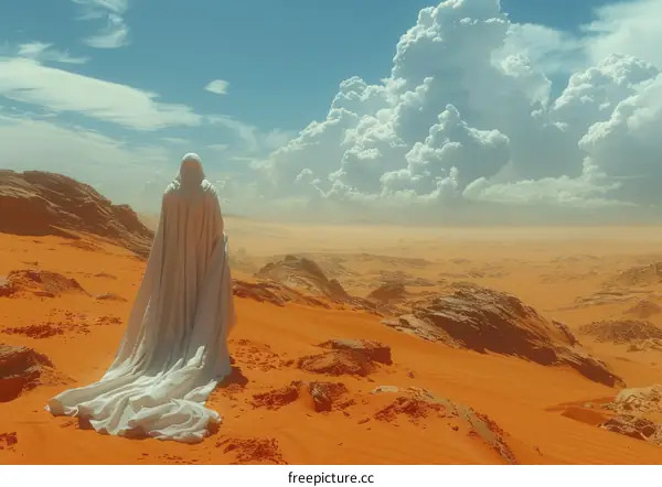 Wanderer in a White Cloak on a Desert Planet