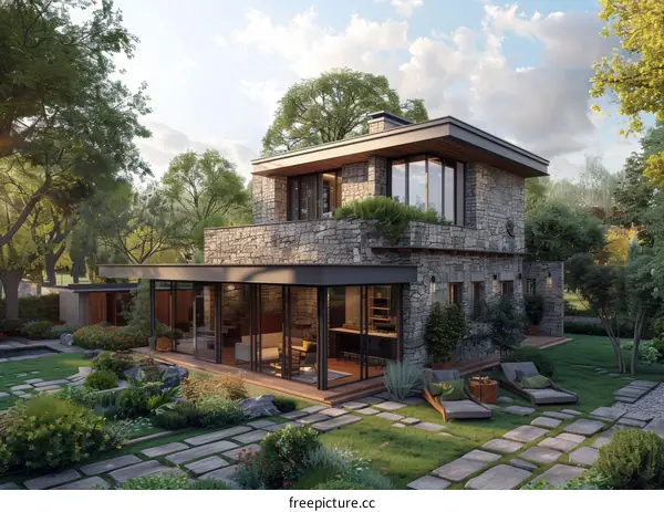 Modern stone house with large glass windows surrounded by trees and greenery