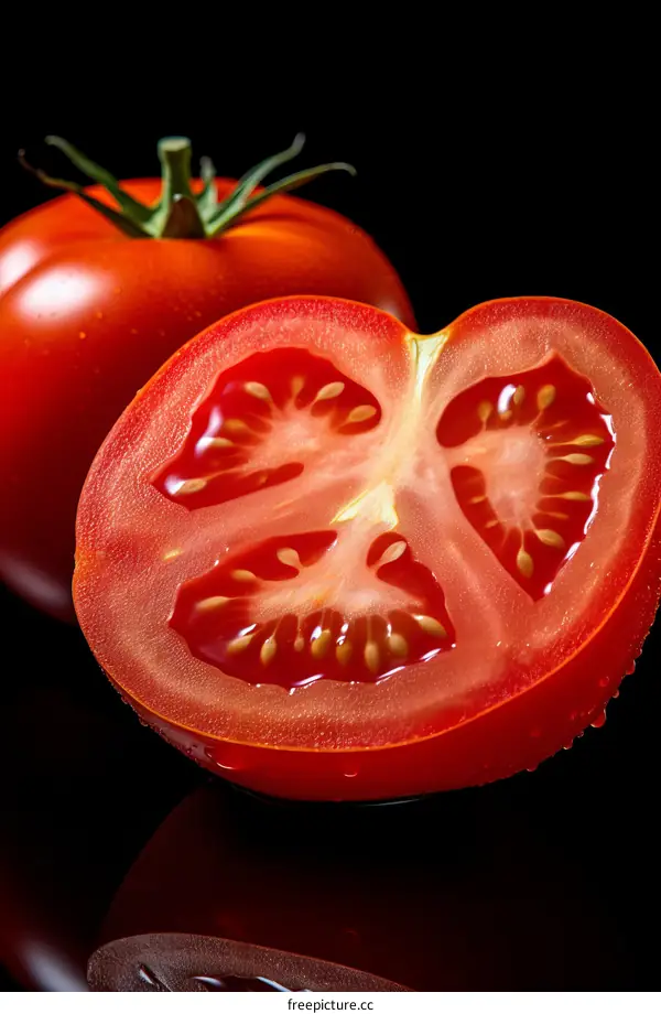 A close-up image of a tomato cut in half