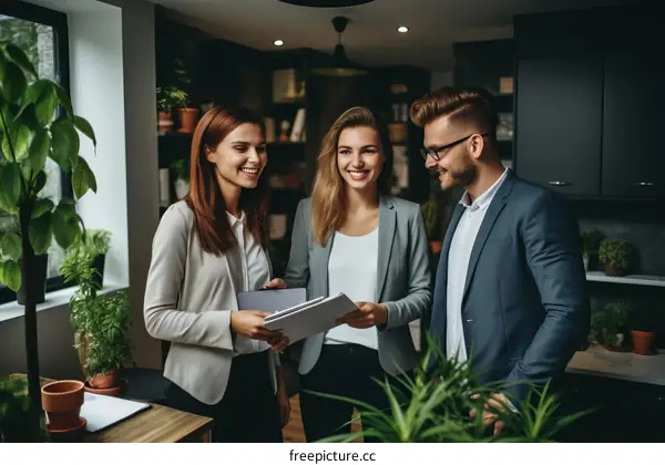 Three business professionals having a meeting in an office