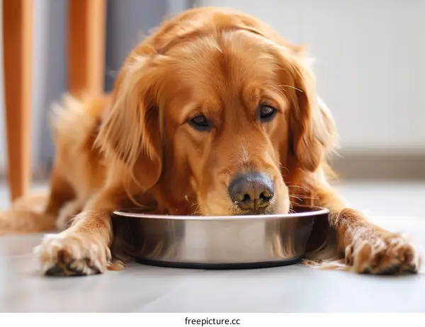 A Golden Retriever Dog Lying on the Floor with Its Head in a Bowl