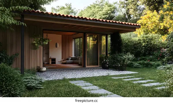 Modern Minimalist House with Large Glass Doors and Stone Patio in Lush Garden