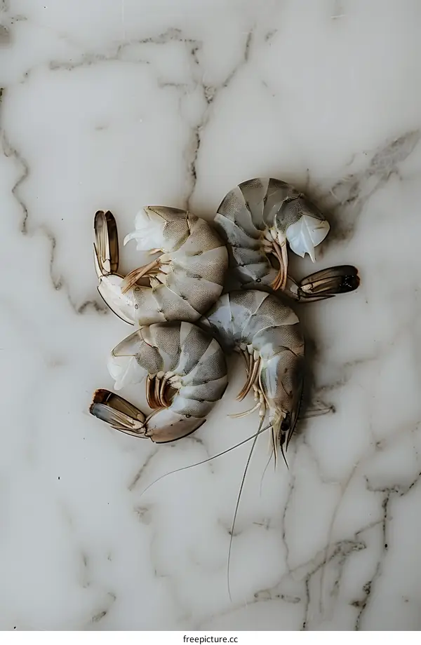 Four raw shrimps on marble background