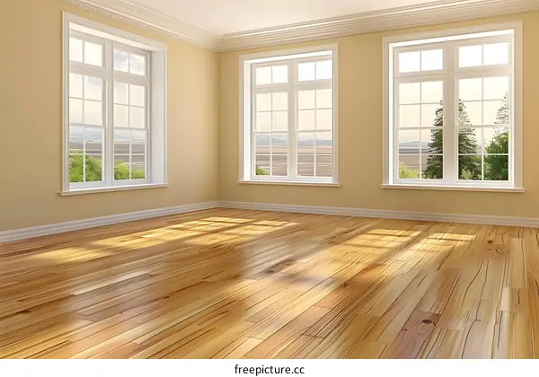 Empty Room With Sunlight Streaming Through Three Windows