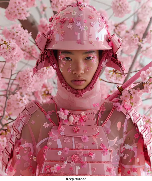 Pink Samurai Warrior Under Cherry Blossoms
