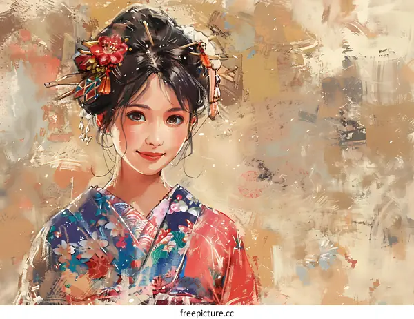 An illustration of a Japanese woman wearing a kimono