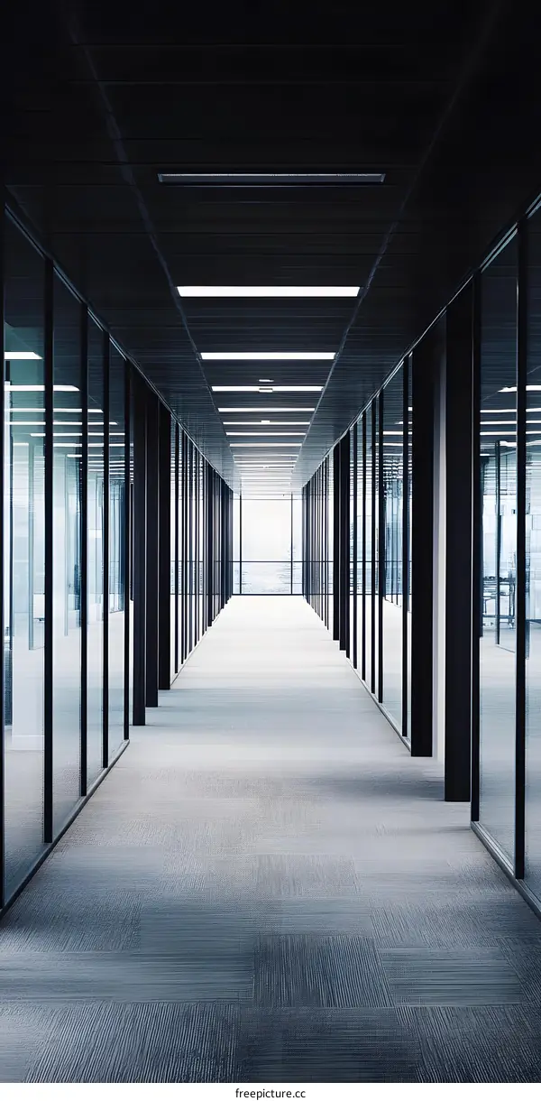 Modern Office Corridor with Glass Walls and Grey Carpet