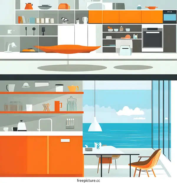 Modern Kitchen with Ocean View Illustration