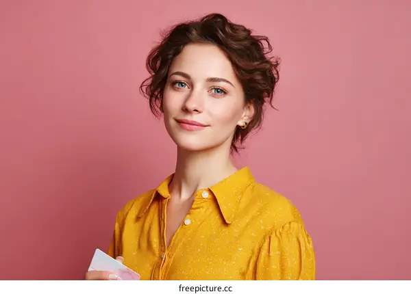 Smiling Woman Holding a Card Against a Pink Background