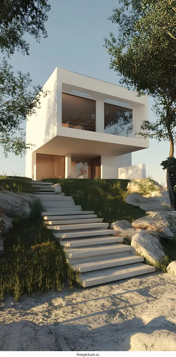Modern Minimalist House with Stone Steps and Green Grass