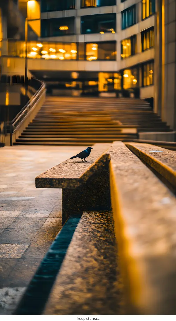 Blackbird Sitting on Bench in Urban Setting