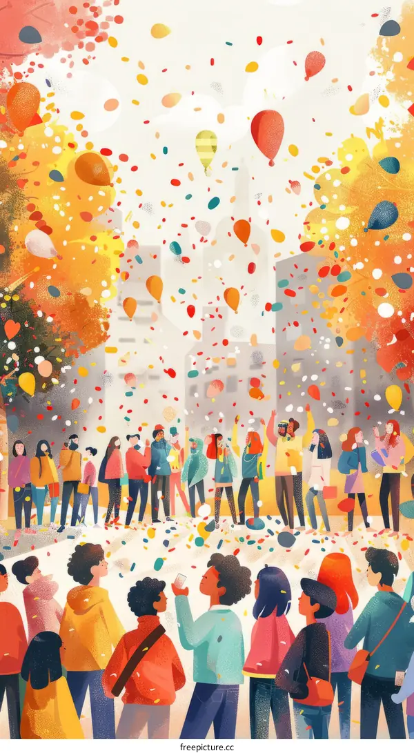 People Celebrating with Balloons and Confetti in the Street