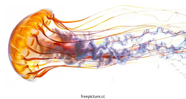 An illustration of an orange jellyfish with white tentacles on a white background
