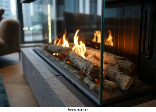 Modern Fireplace with Burning Logs