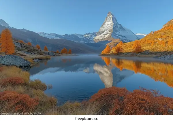 Scenic view of snow capped Matterhorn mountain reflecting in the calm water of Riffelsee lake surrounded by rocky terrain and autumn trees