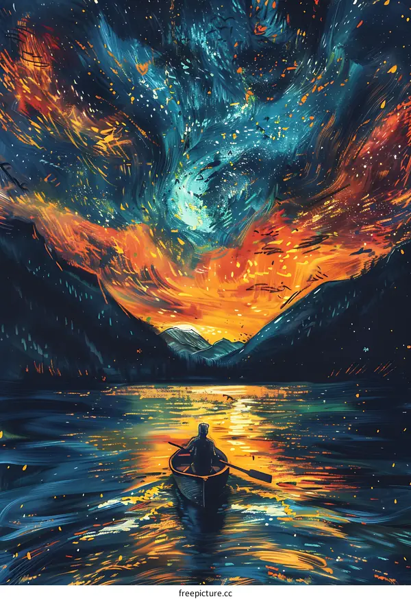 Painting of a Man Rowing a Boat on a Lake with a Whirlwind of Stars Above