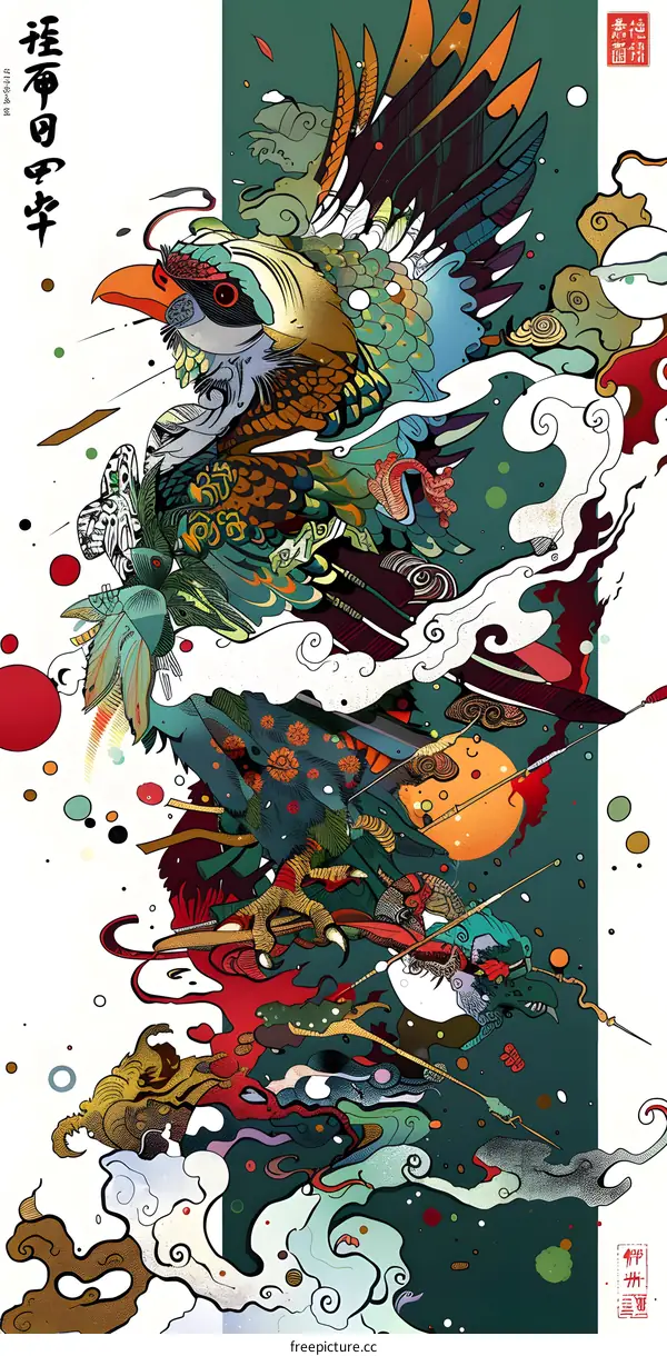 Abstract Colorful Bird Illustration With Asian Style