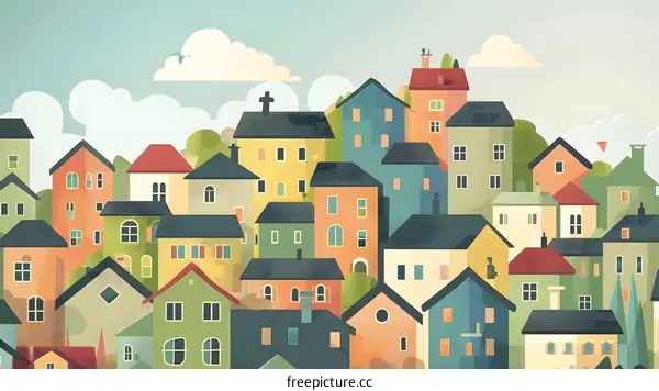 Colorful Illustration of a Small Town with Houses and Buildings
