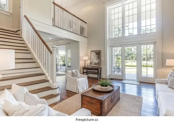 Large Open-Plan Living Room with High Windows and Wooden Staircase