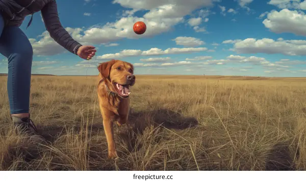 A woman throwing a ball for her dog to fetch in a grassy field