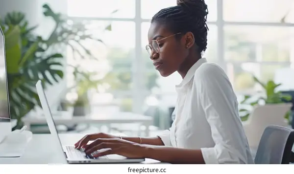 Young African American woman working on laptop in office